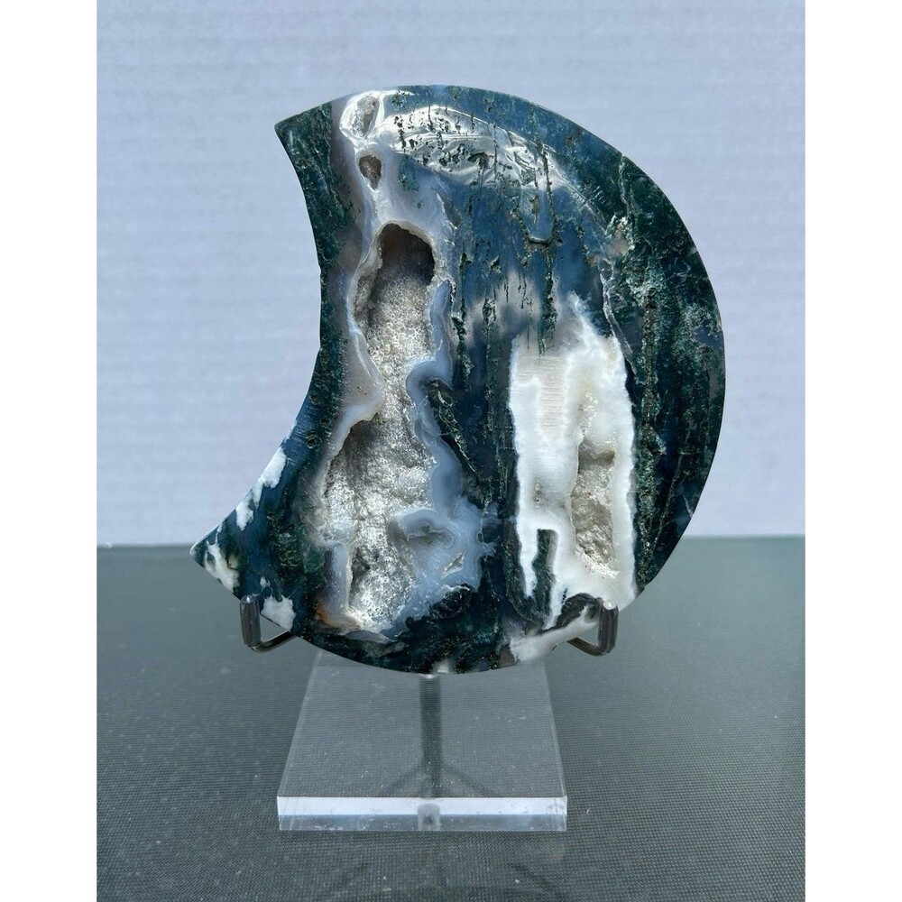Over 5” Tall Druzy Moss Agate Crystal Moon with stand